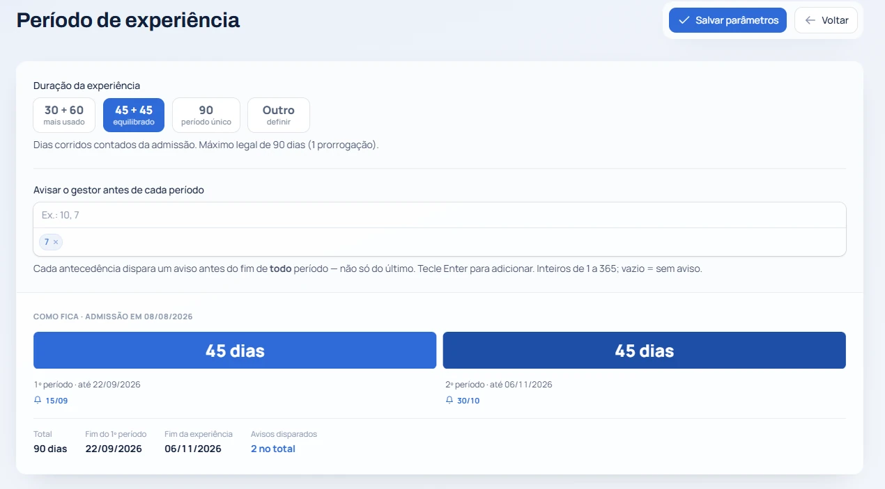Configuração do período de experiência em 30+60, 45+45 ou 90 dias, com antecedência do aviso ao gestor e as datas resultantes