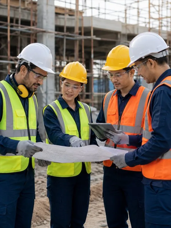 Equipe de obra com capacete e colete analisando a planta no canteiro