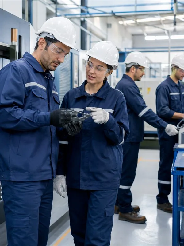 Dois operadores de capacete e óculos de proteção conferindo uma peça no chão de fábrica