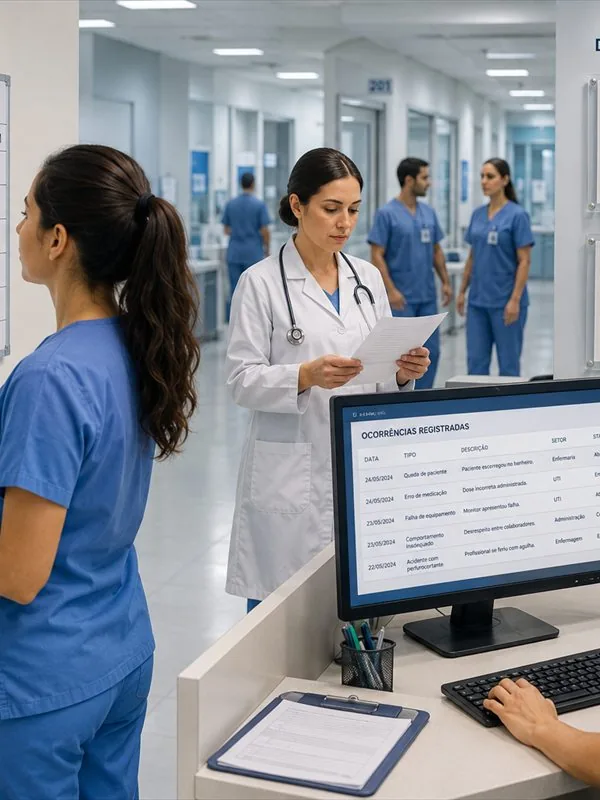 Enfermeira e médica em posto hospitalar, com o painel de ocorrências registradas na tela